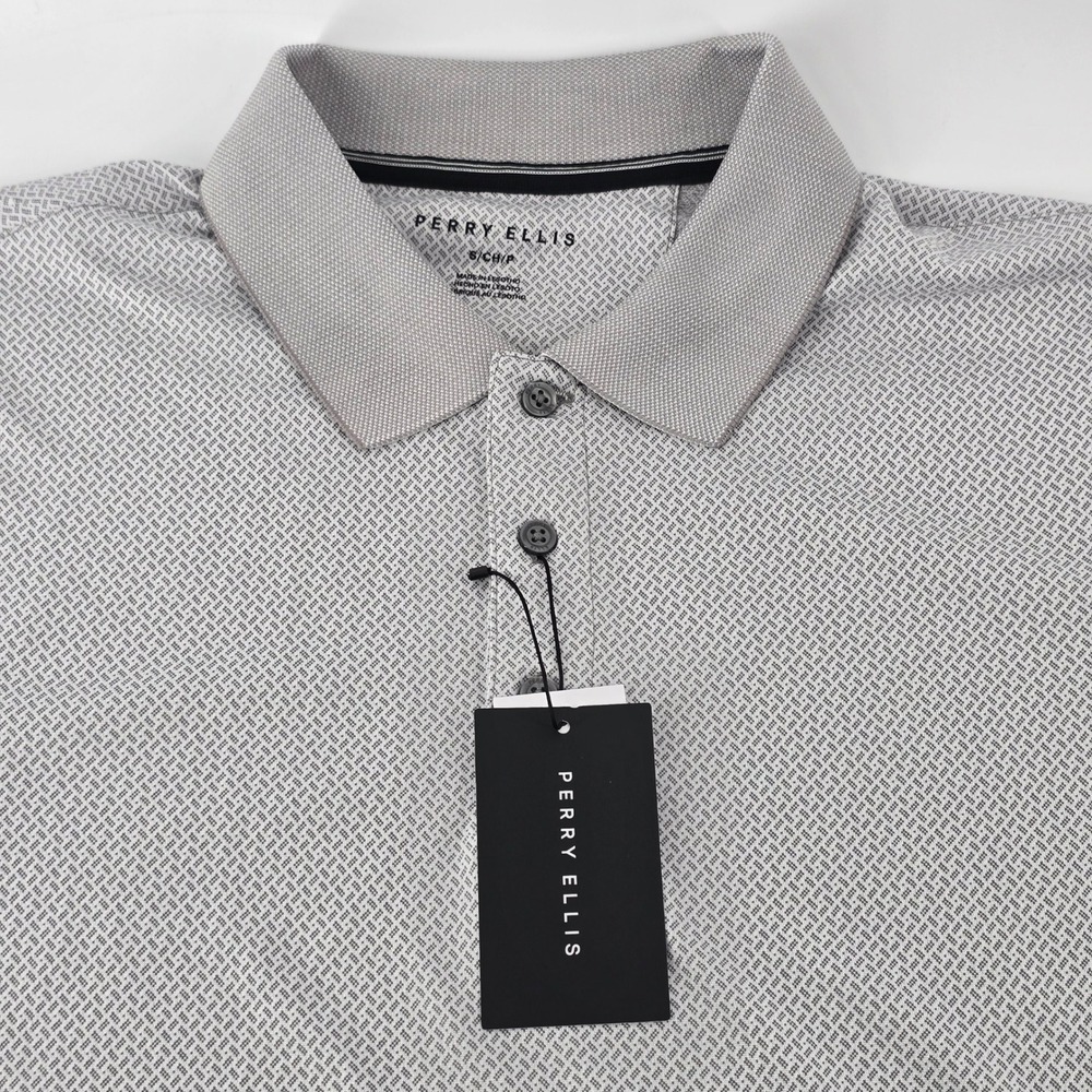 Perry Ellis Polo Shirt Mens Small Grey Geometric Microprint Short Sleeve NWT
